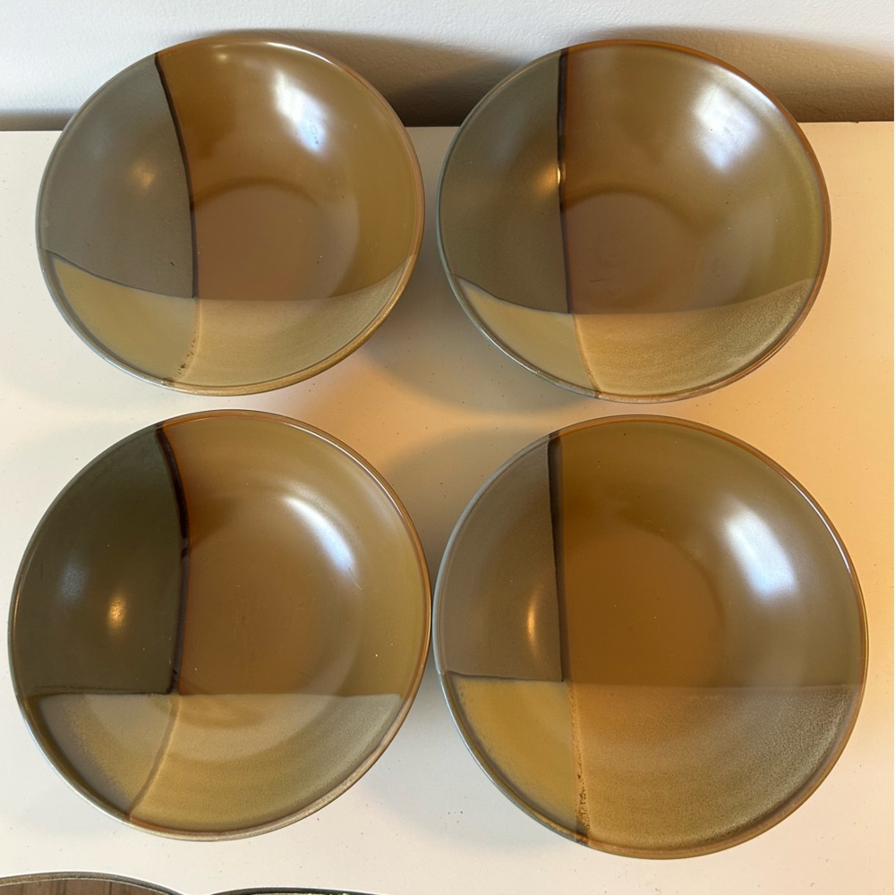 Sango Gold Dust Green Tan Beige Color block Soup Cereal Bowls SET 2